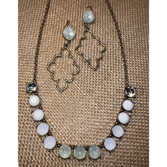 Cat Eye Gemstone White and Pale Aqua Necklace and Earrings Set - Picture 1 of 12